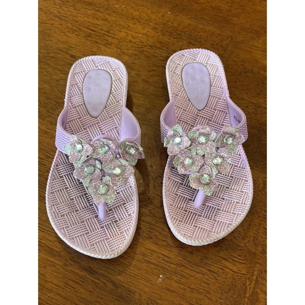 Flower Thong Sandals Lavender Sparkle Flowers Flip‎ Flops Young Girl 12-13